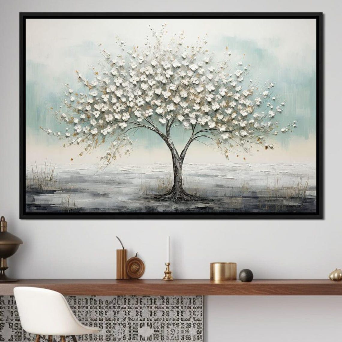 White Blossom Tree Mist Gray Minimalist Serene Botanical Wall Art - Image 2