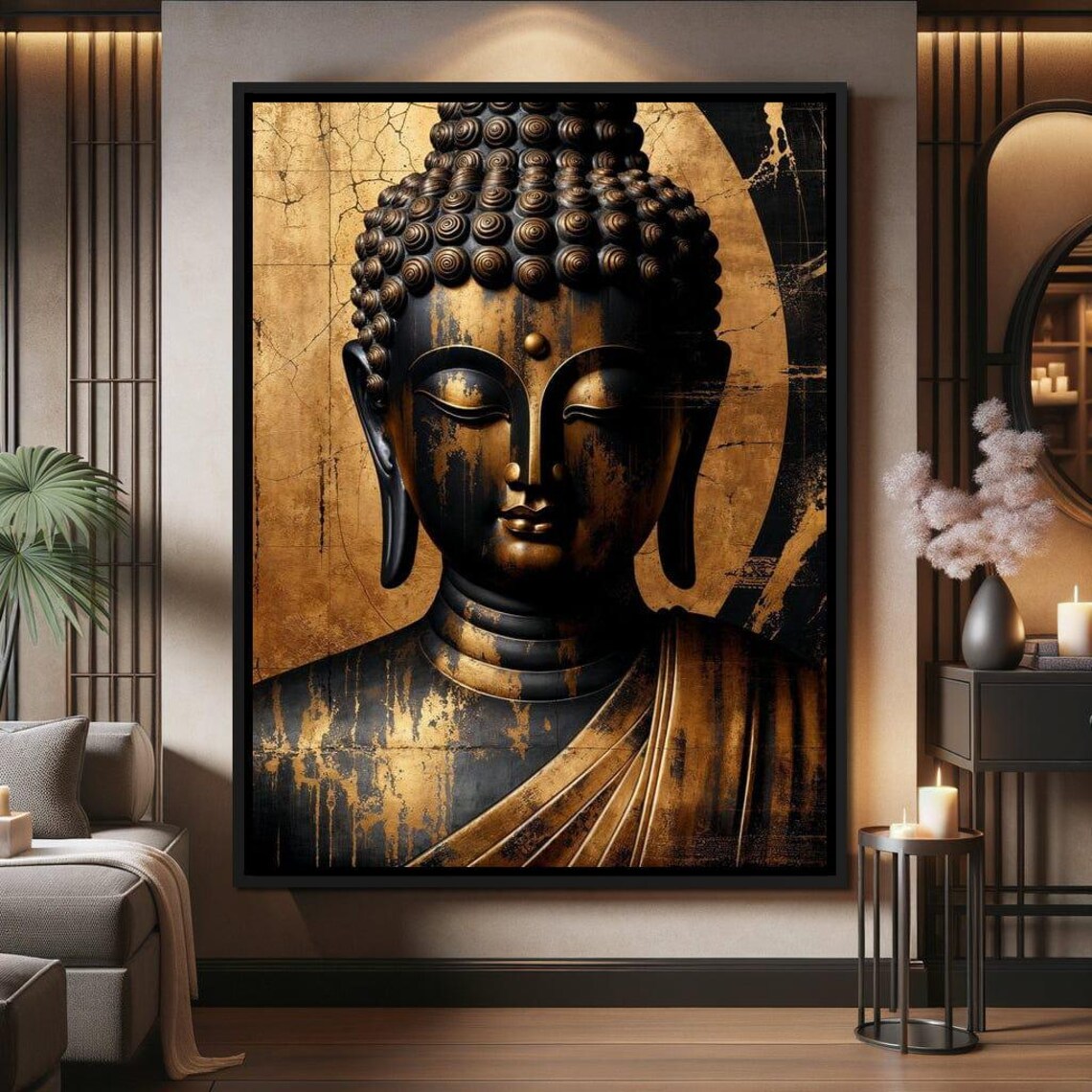 Golden Buddha Serene Portrait Black And Gold Zen Meditation Peaceful Wall Poster
