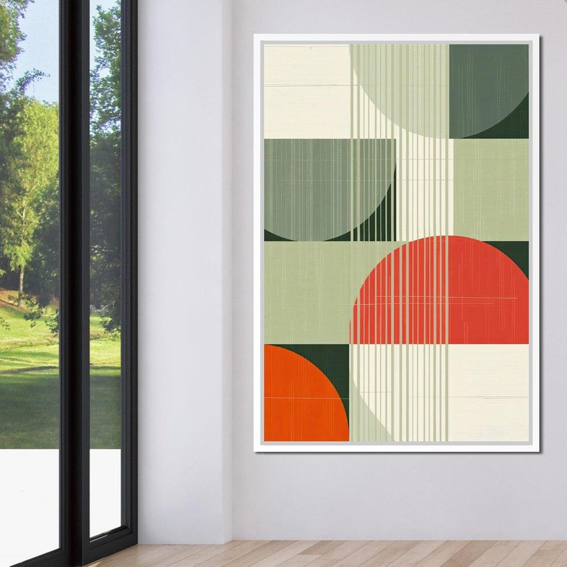 Mid Century Geometric Abstract Green Orange Circles Retro Wall Art - Image 2