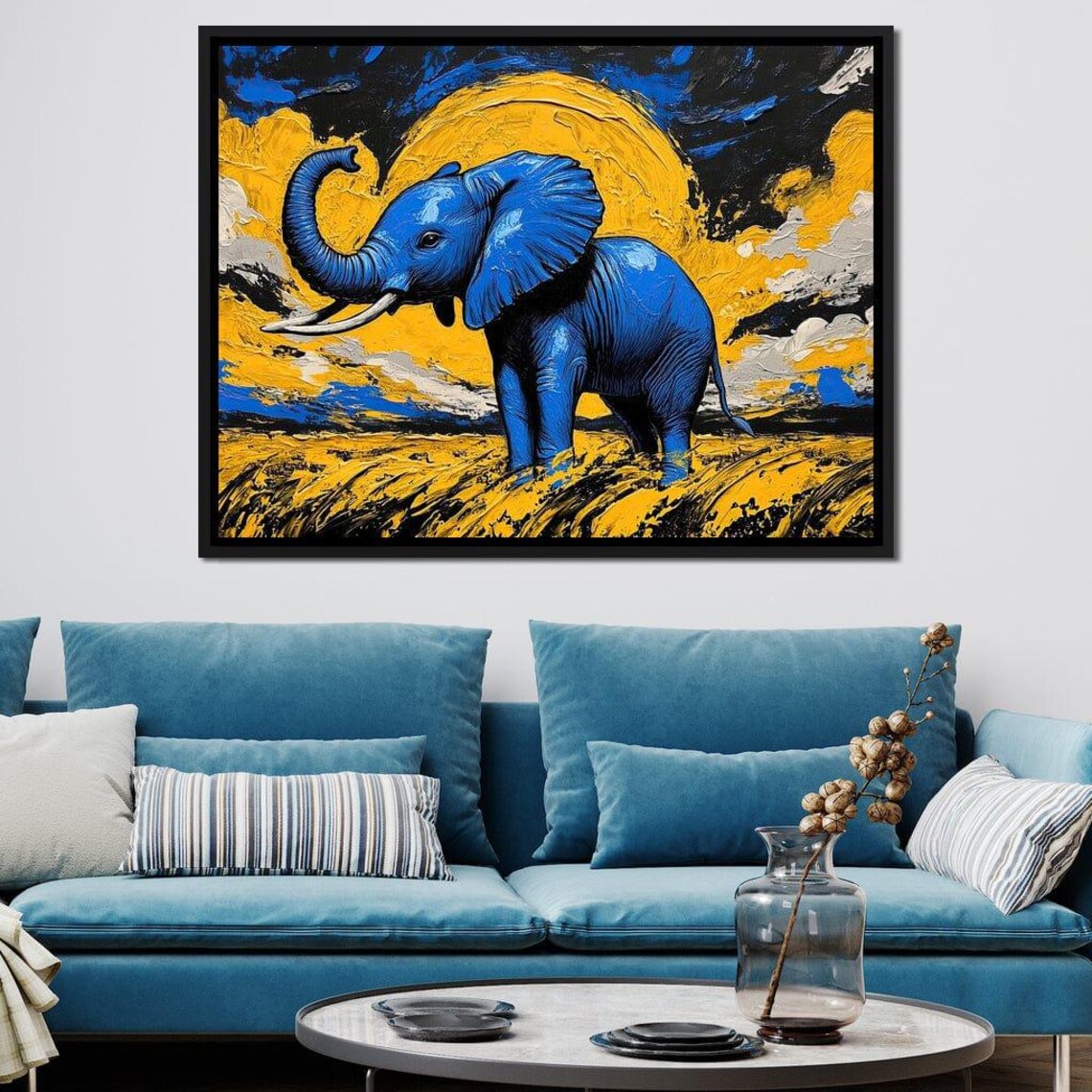 Blue Elephant Under Giant Golden Sun Impasto Savanna Wildlife Art Poster - Image 2