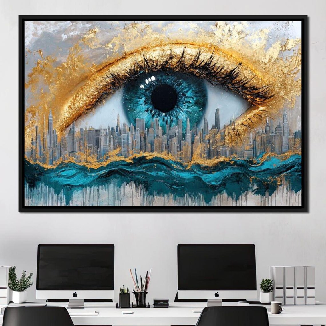 Teal Eye Gold Leaf City Skyline Ocean Waves Surreal Urban Wall Art - Image 4
