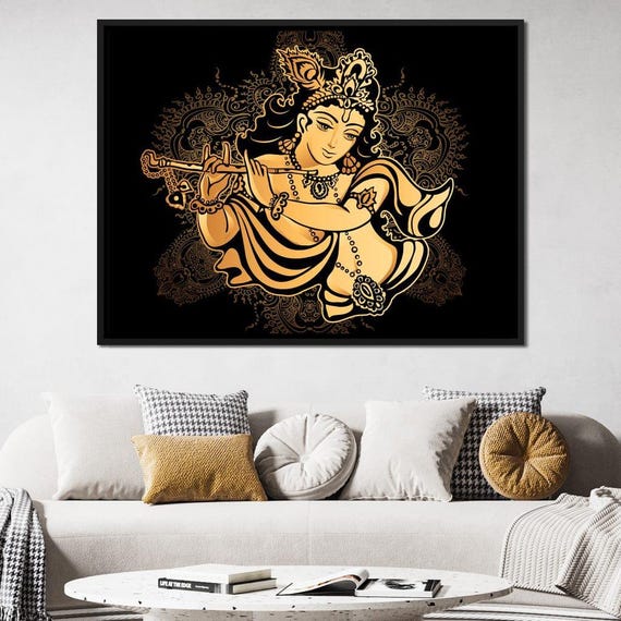 Hare Krishna Stunning Black And Gold Hindu God Print Spiritual Decor Divine Wall Art Mystical Design By Nichecanvas