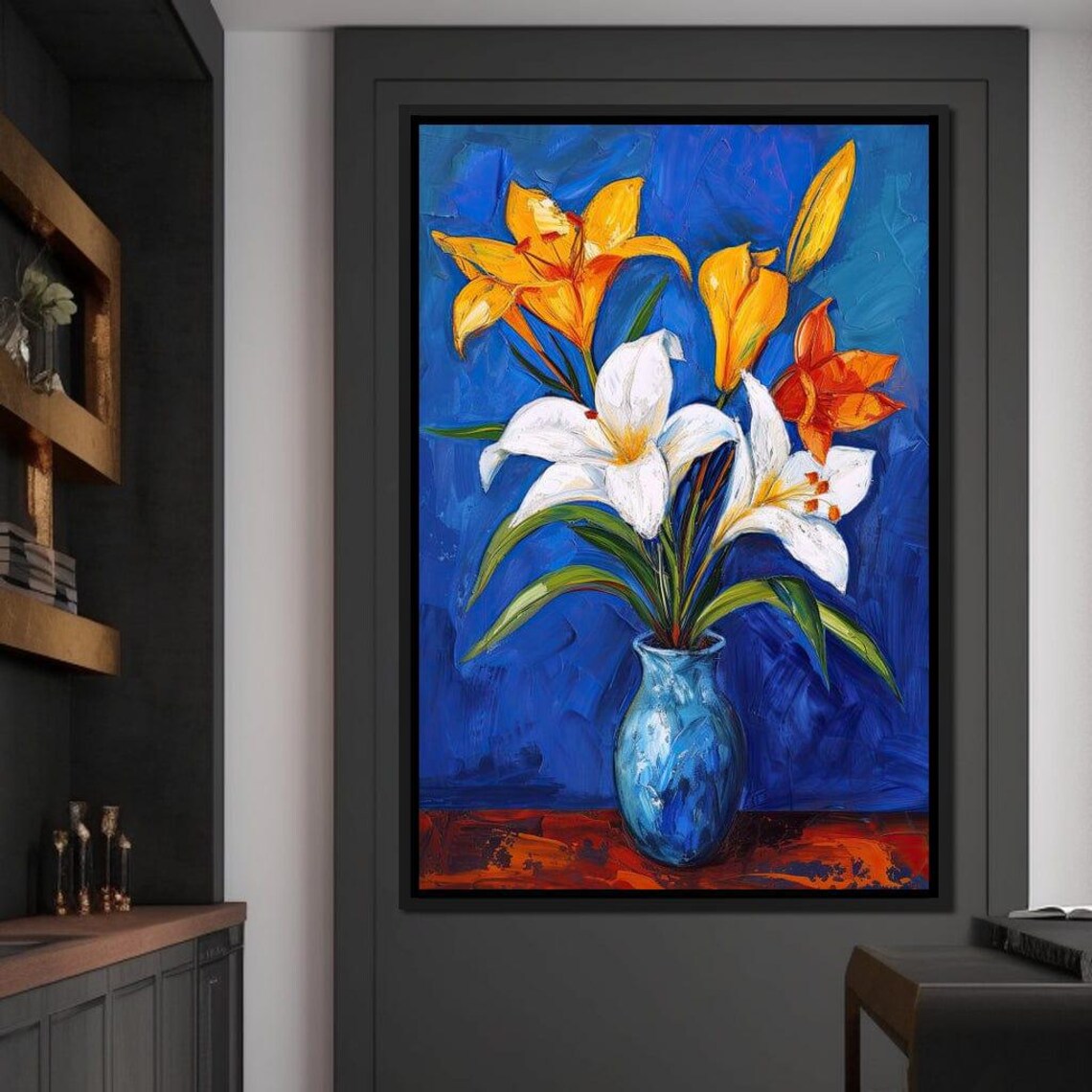 Yellow White Lilies Blue Vase Cobalt Blue Floral Wall Art Poster