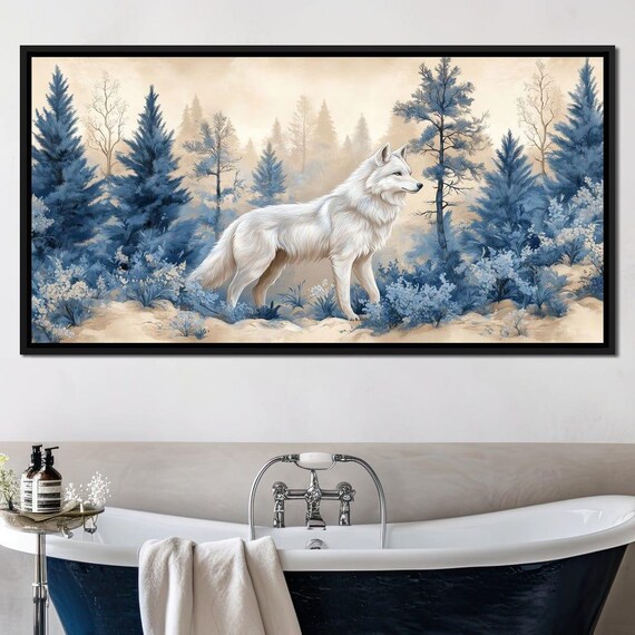 White Wolf Blue Forest Winter Wonderland Pine Trees Wildlife Art Print