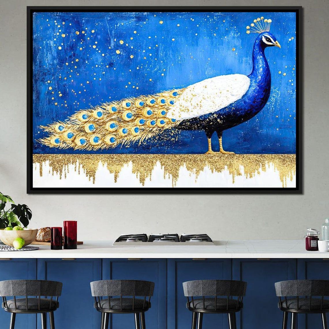 Royal Blue Peacock with Golden Celestial Tail Feather Poster - Image 2