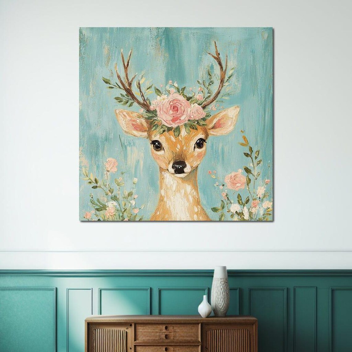 Sweet Fawn With Floral Crown On Turquoise Whimsical Deer Poster - Image 2