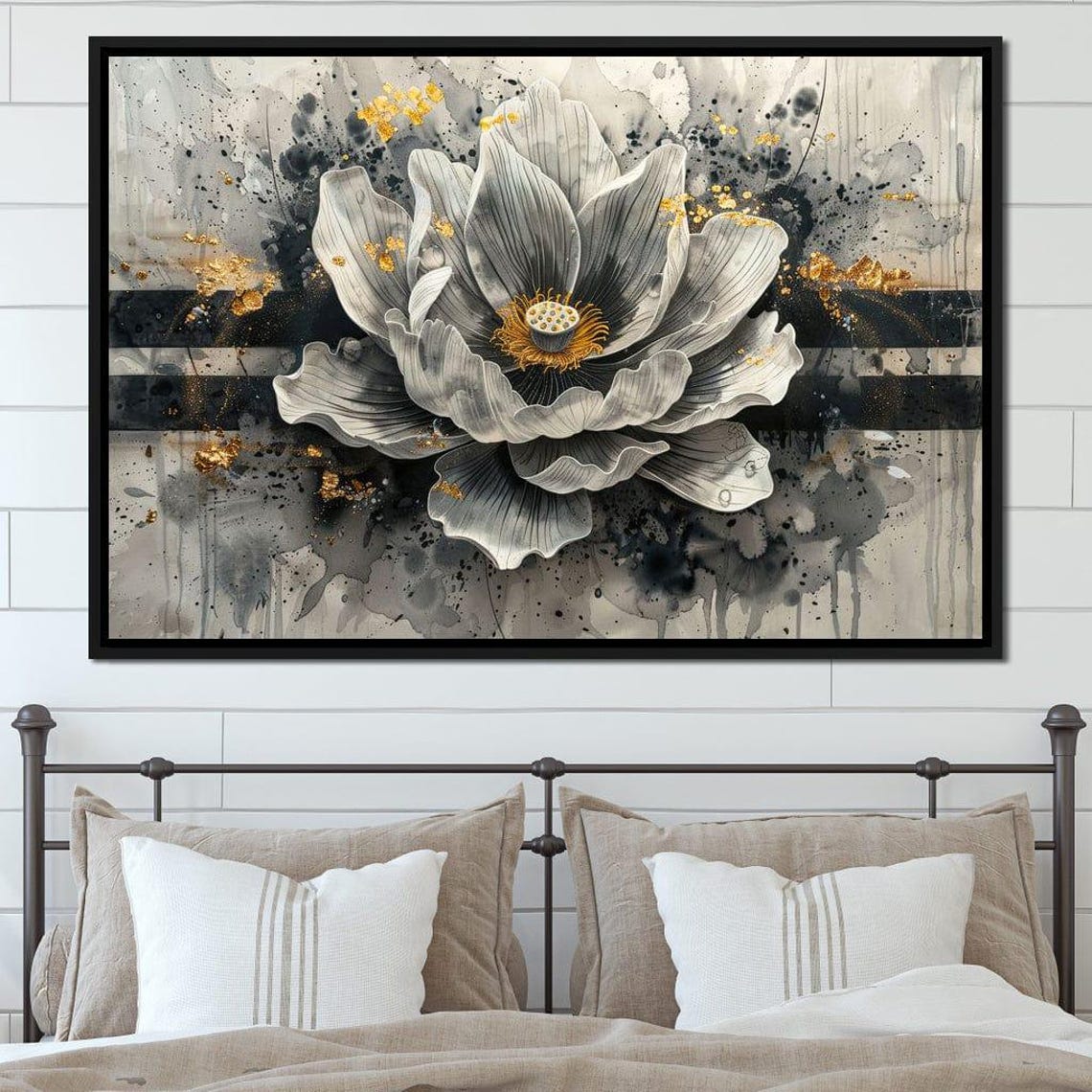 Monochrome Peony Blossom Gold Splatter Ink Abstract Wall Art Poster - Image 3