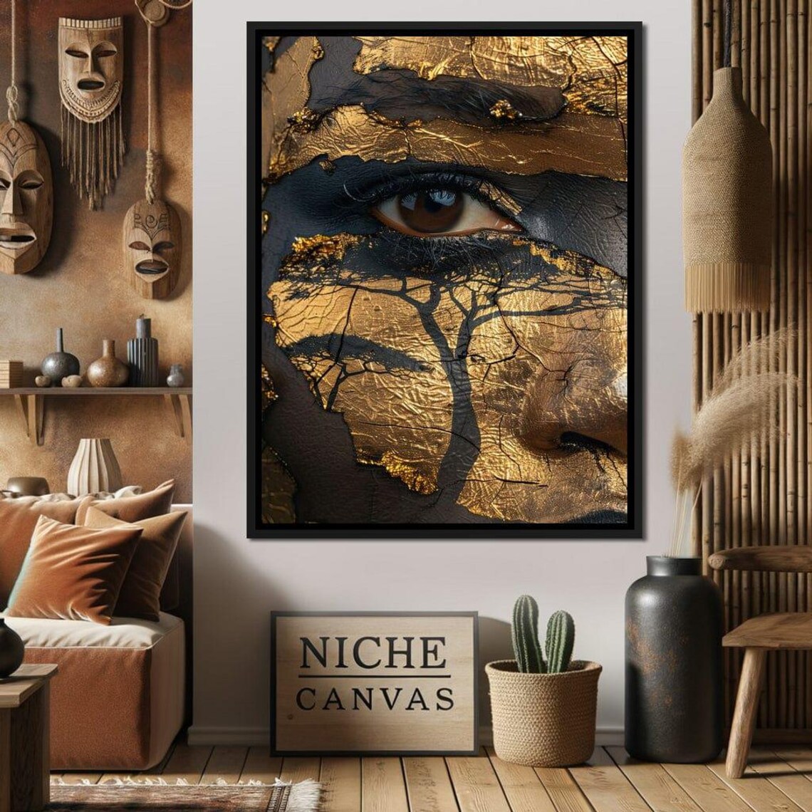 Golden Eye Savanna Tree Black Gold Mystical Portrait Wall Art
