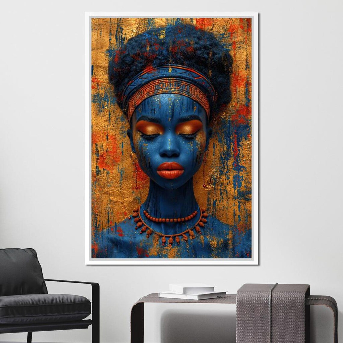 Blue African Beauty Golden Eyes Textured Tribal Portrait Wall Art - Image 3