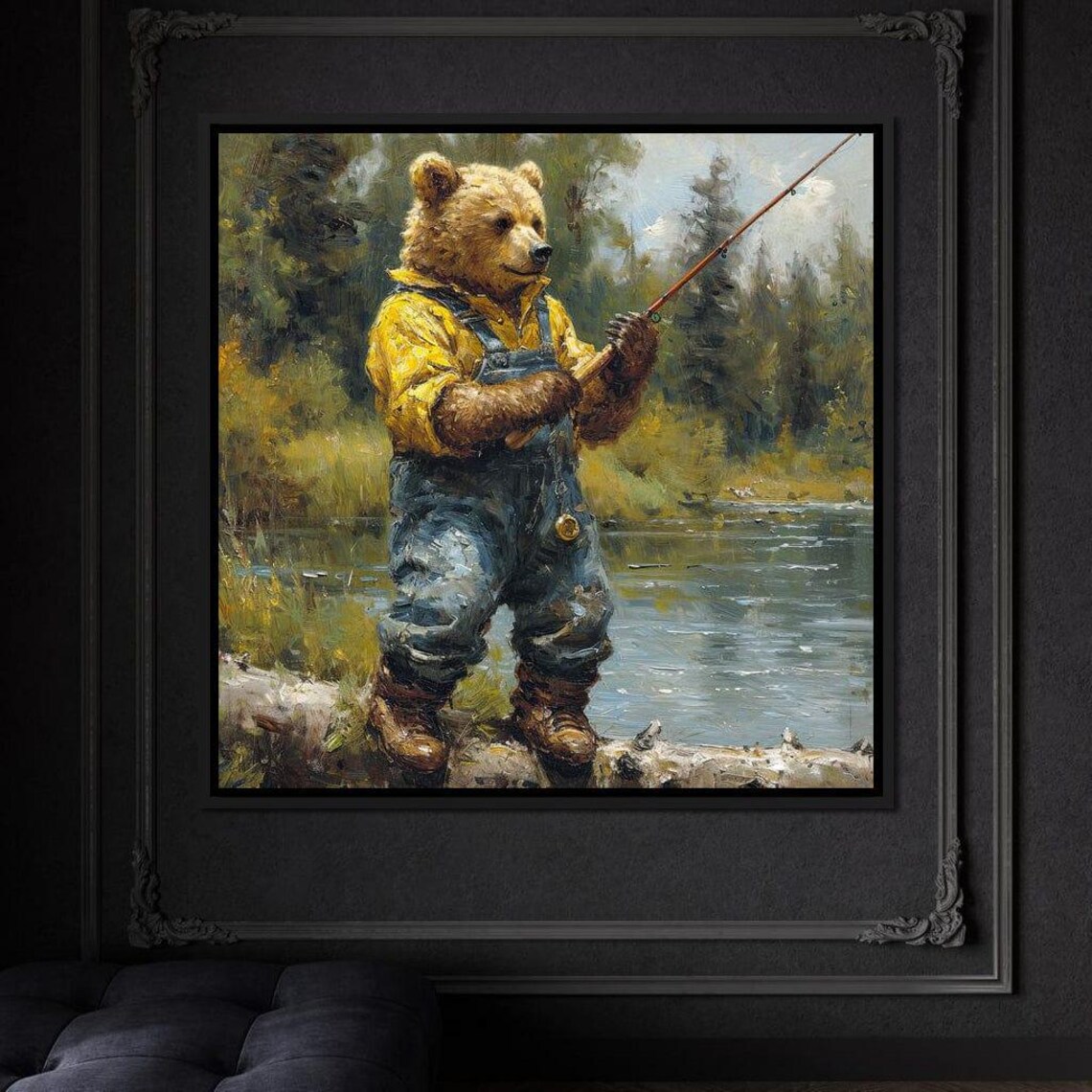 Bear Cub Fishing Overalls Lake Wildlife Whimsical Folk Painting Animal Wall Poster - Image 4