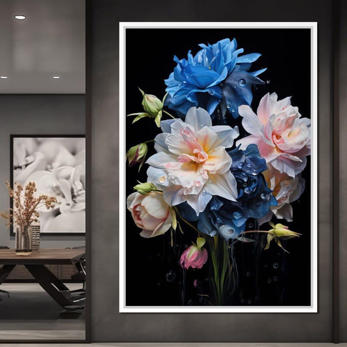 Blue and Pink Peony Bouquet Water Drops Dark Floral Wall Art Print - Image 4