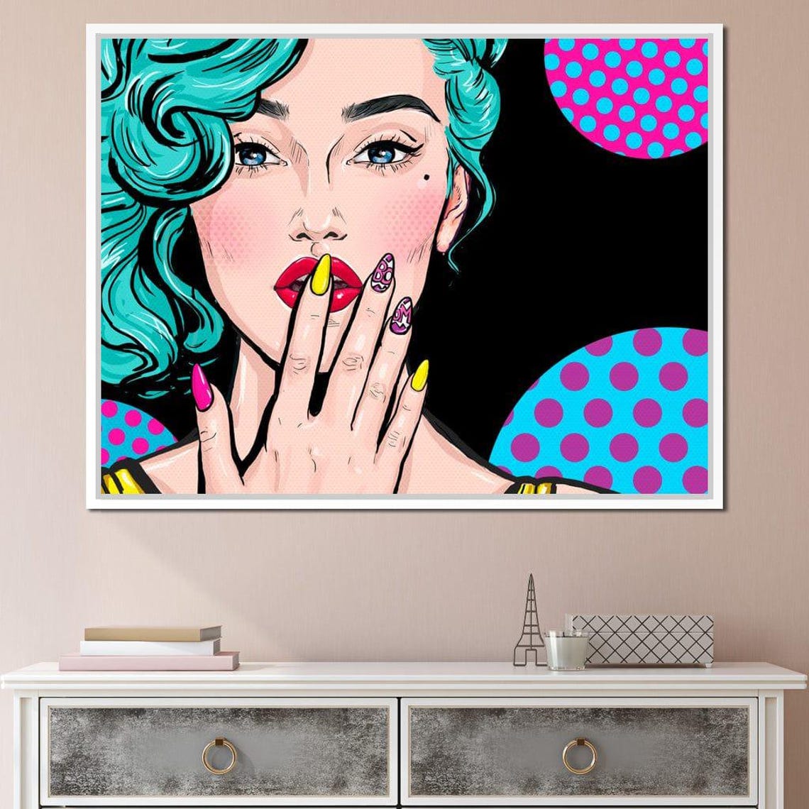 Pop Art Teal Hair Woman Comic Dots Bold Nails Retro Wall Art Poster