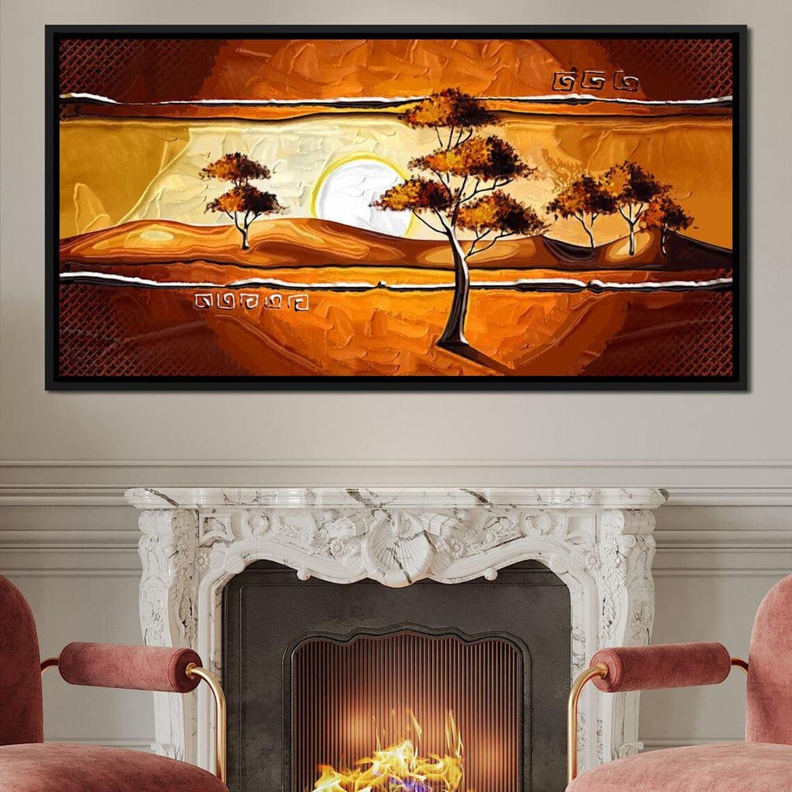 African Savanna Sunset Acacia Trees Amber Landscape Wall Art - Image 2
