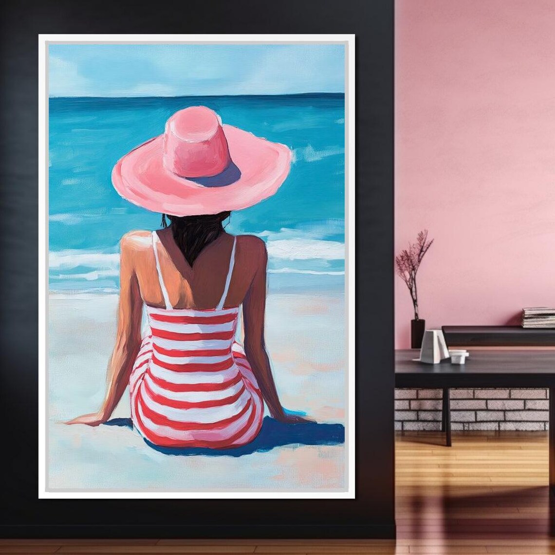 Woman in Pink Sunhat Striped Swimsuit Beach Ocean Summer Art Print - Image 2