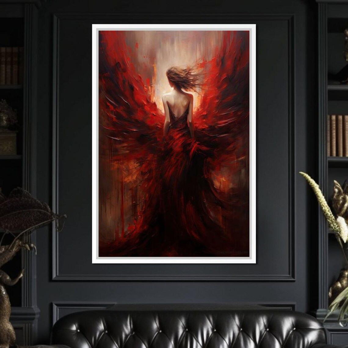 Crimson Shadow Lady In Flowing Red Gown Dramatic Oil Painting Poster - Image 2