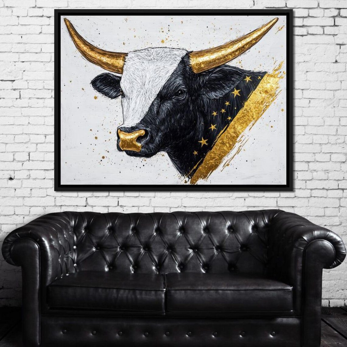 Black And White Bull With Golden Horns And Stars Luxury Farmhouse Art - Image 3