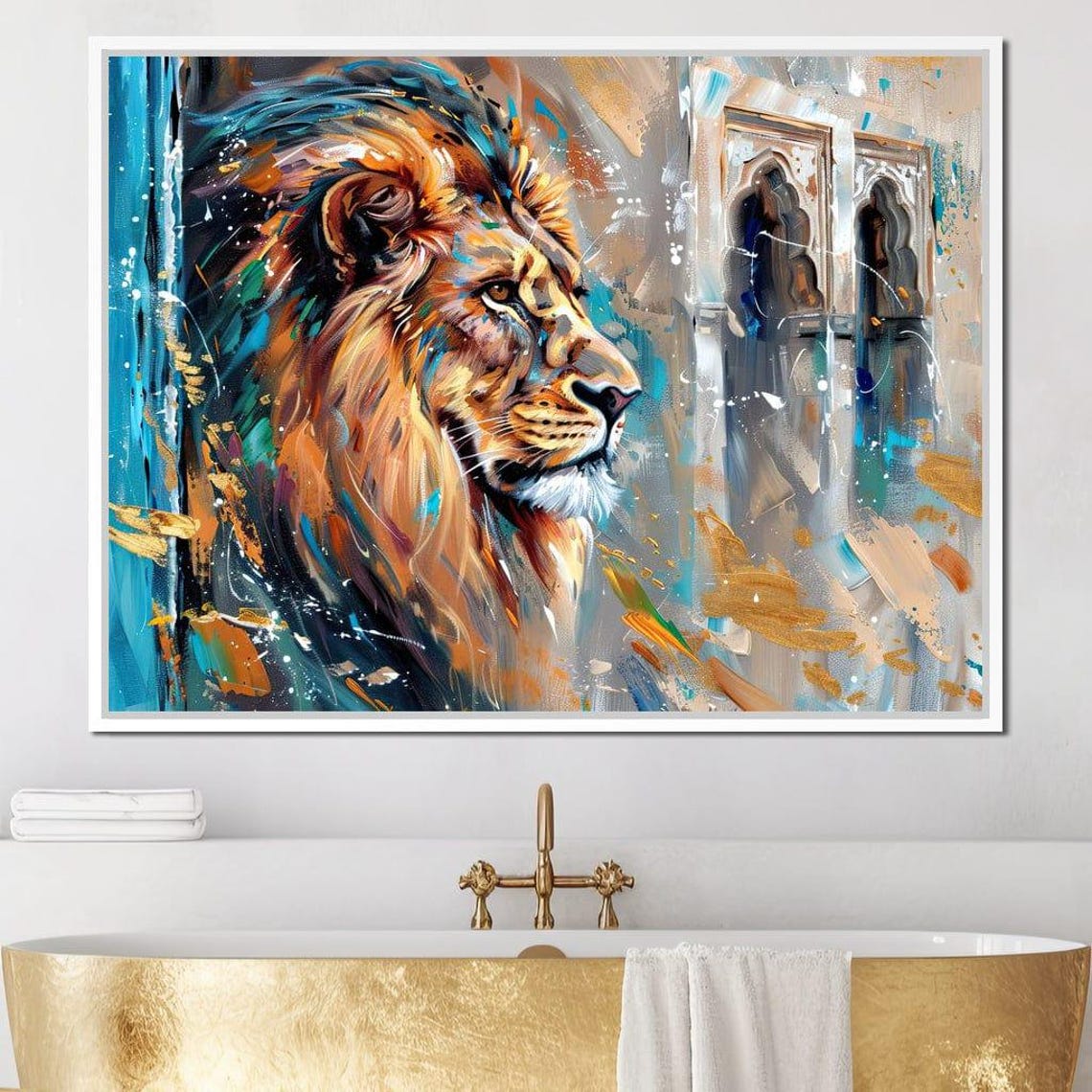Regal Lion Portrait Vibrant Brushstroke Turquoise Gold Wall Art Poster