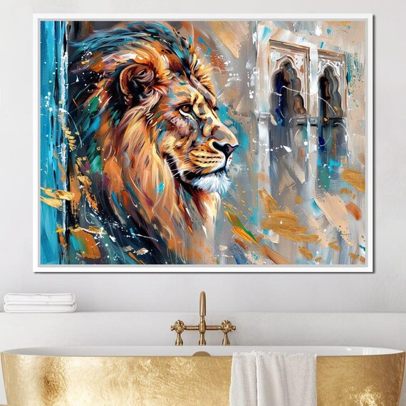 Regal Lion Portrait Vibrant Brushstroke Turquoise Gold Wall Art Poster