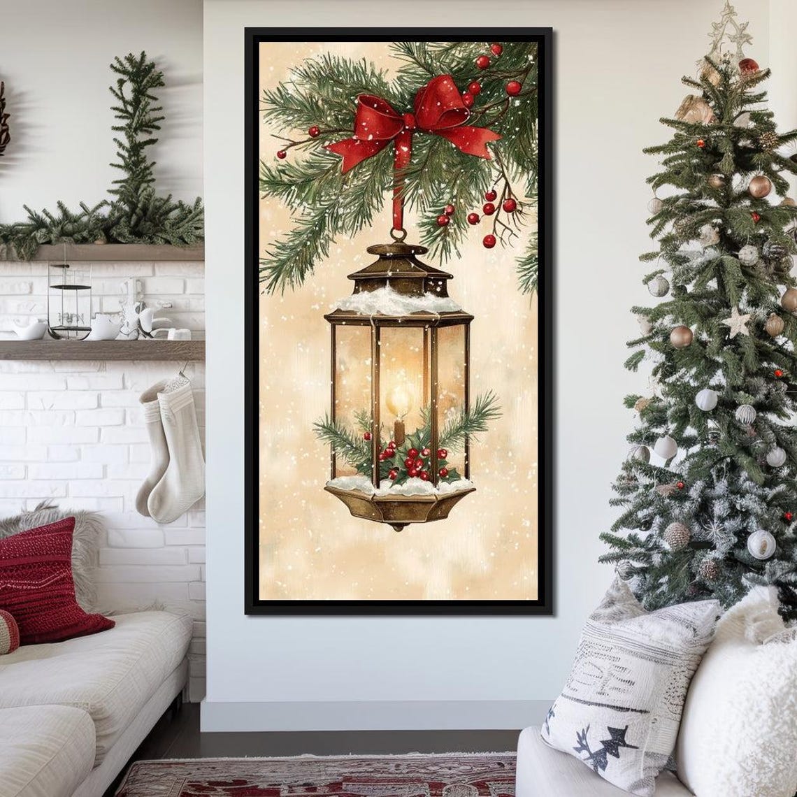 Glowing Christmas Lantern With Red Bow Pine Branches Holiday Poster - Image 2