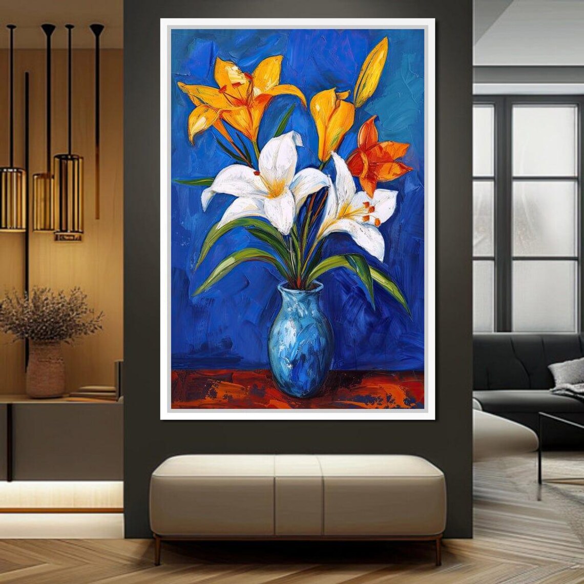 Yellow White Lilies Blue Vase Cobalt Blue Floral Wall Art Poster - Image 4