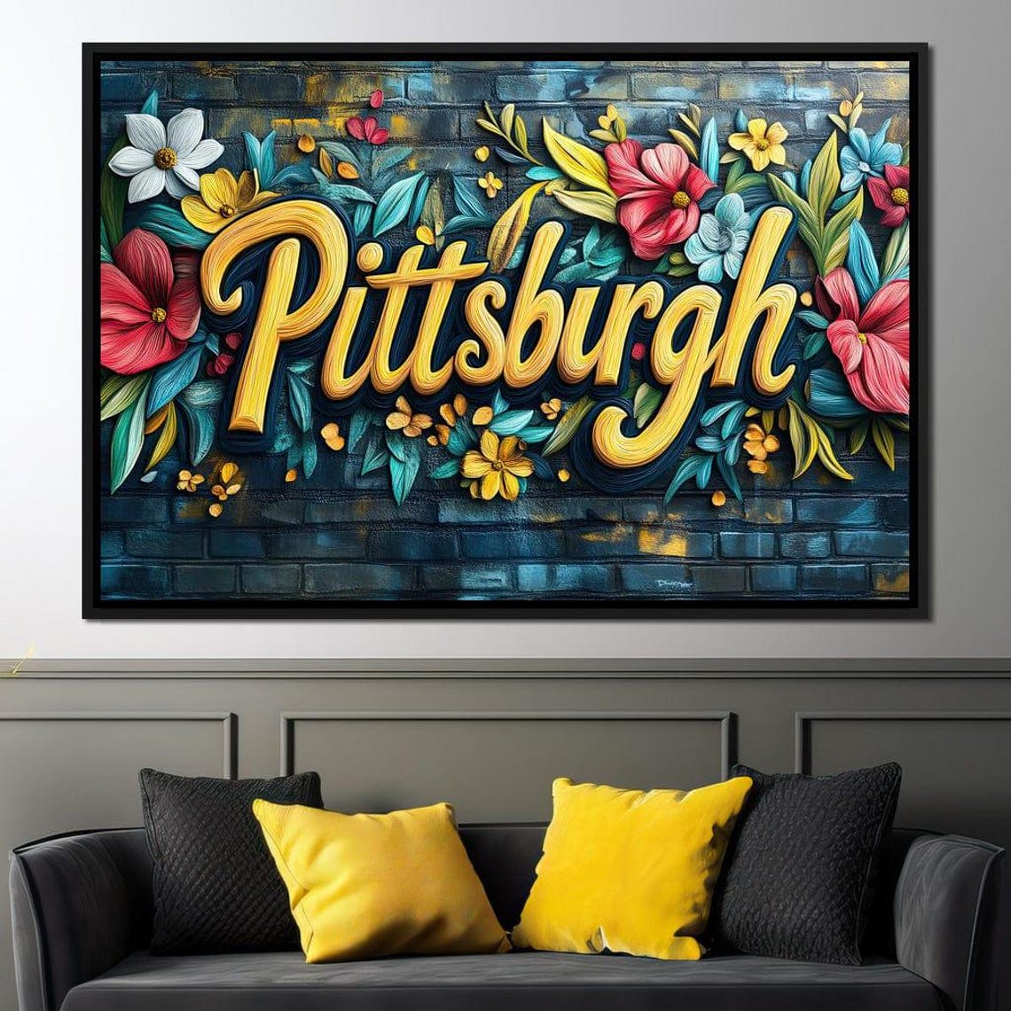 Pittsburgh Yellow Script Floral Mural on Teal Brick Wall Art Poster - Image 3