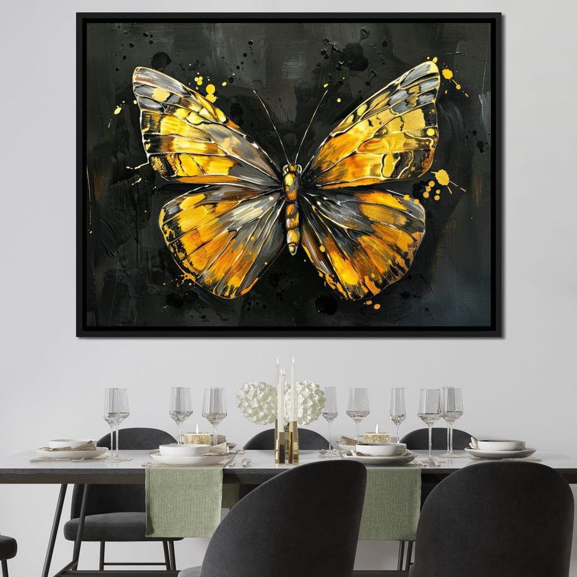 Luminous Golden Butterfly Amber Black Wings Dark Elegant Wall Art - Image 2