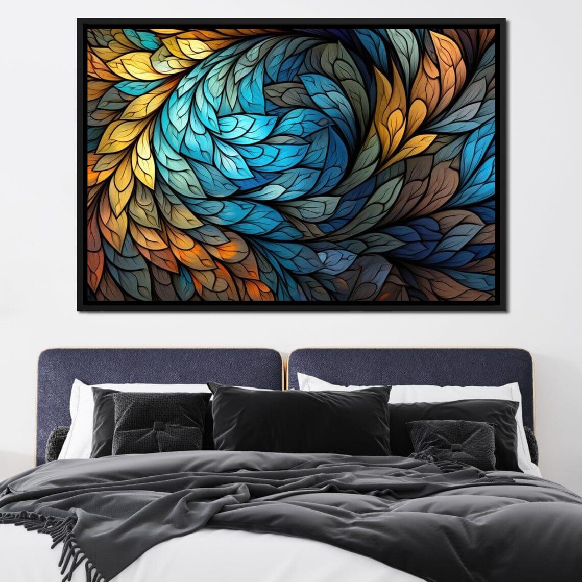 Stained Glass Leafy Swirl Blue Yellow Five Panel Wall Art Poster - Image 4