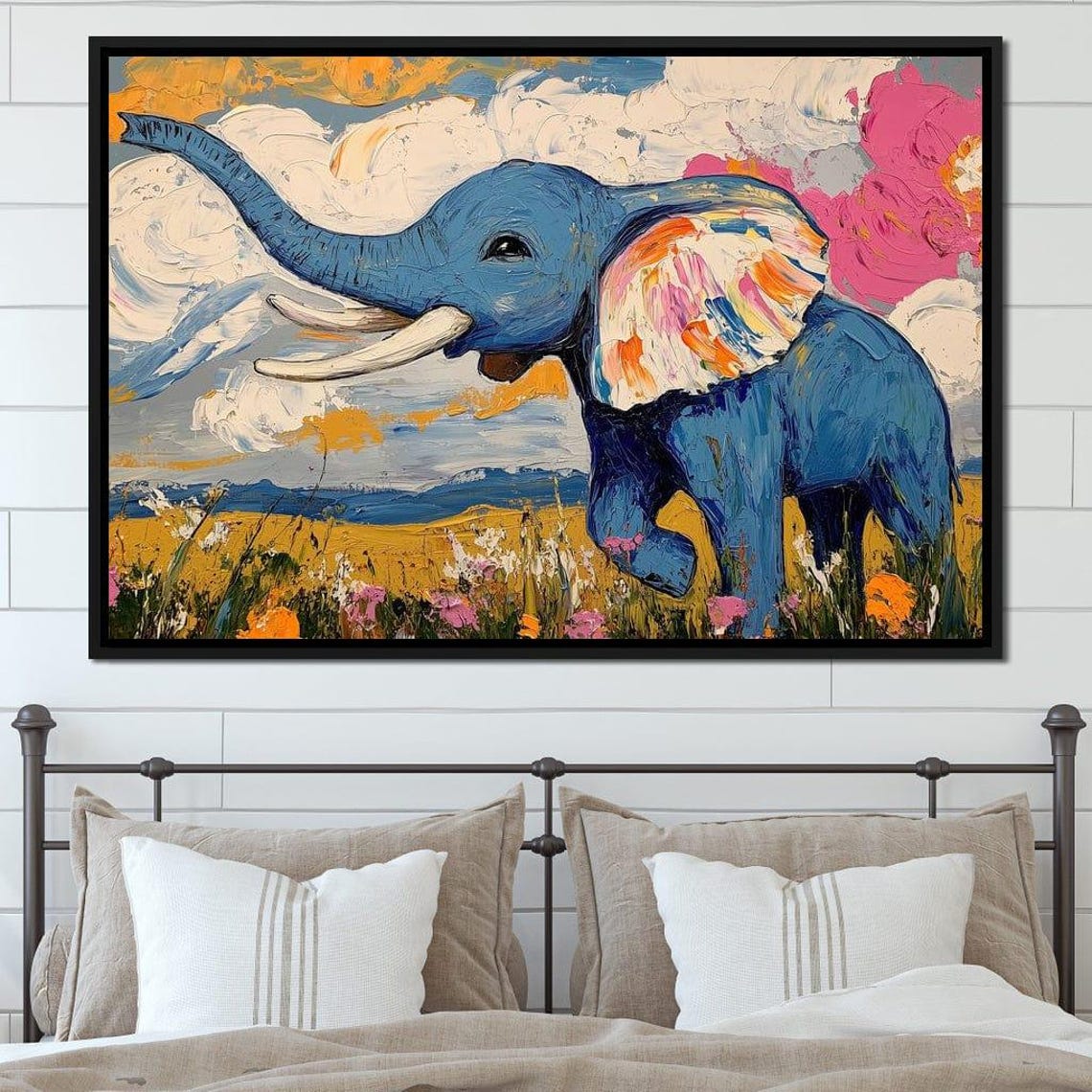 Dancing Blue Elephant Flower Field Colorful Clouds Impasto Art Poster - Image 3