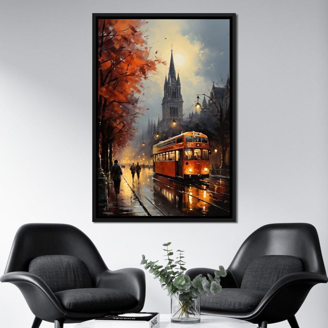 Rainy Autumn Evening Street Red Tram Vintage European City Wall Art - Image 4