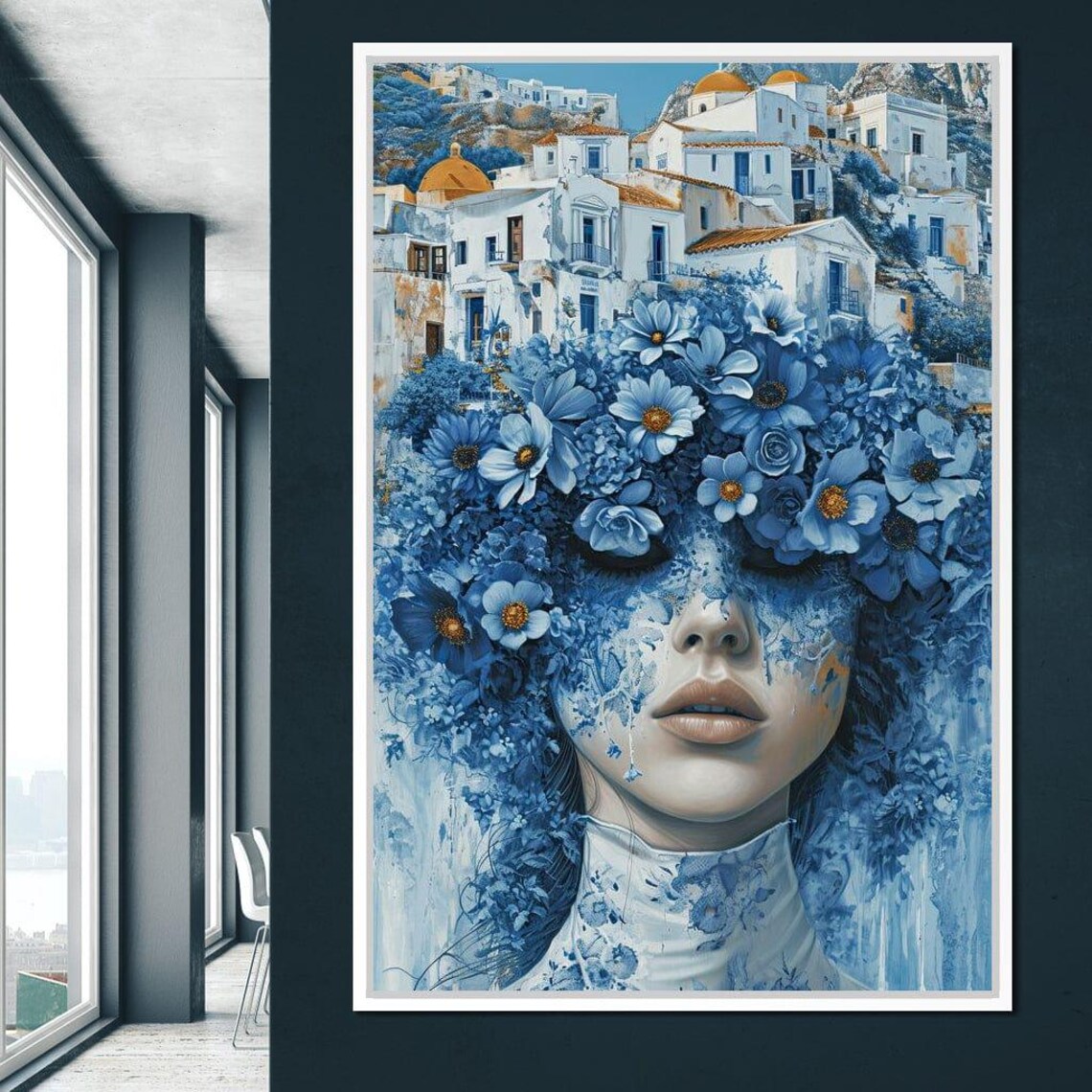 Blue Flowers Woman Portrait White Mediterranean Village Wall Art Print
