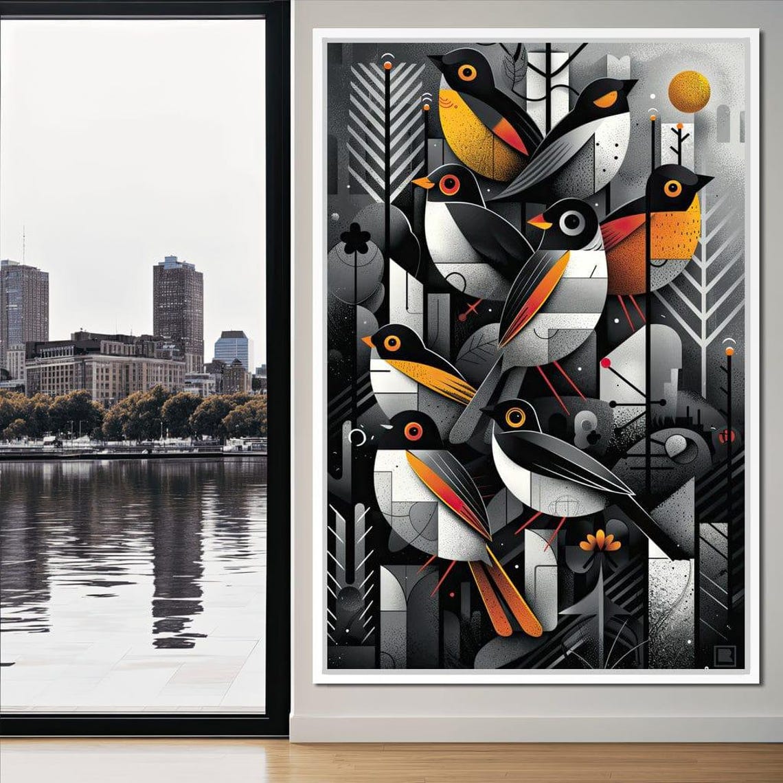 Geometric Songbird Abstract Art Black White Orange Modern Bird Print - Image 2