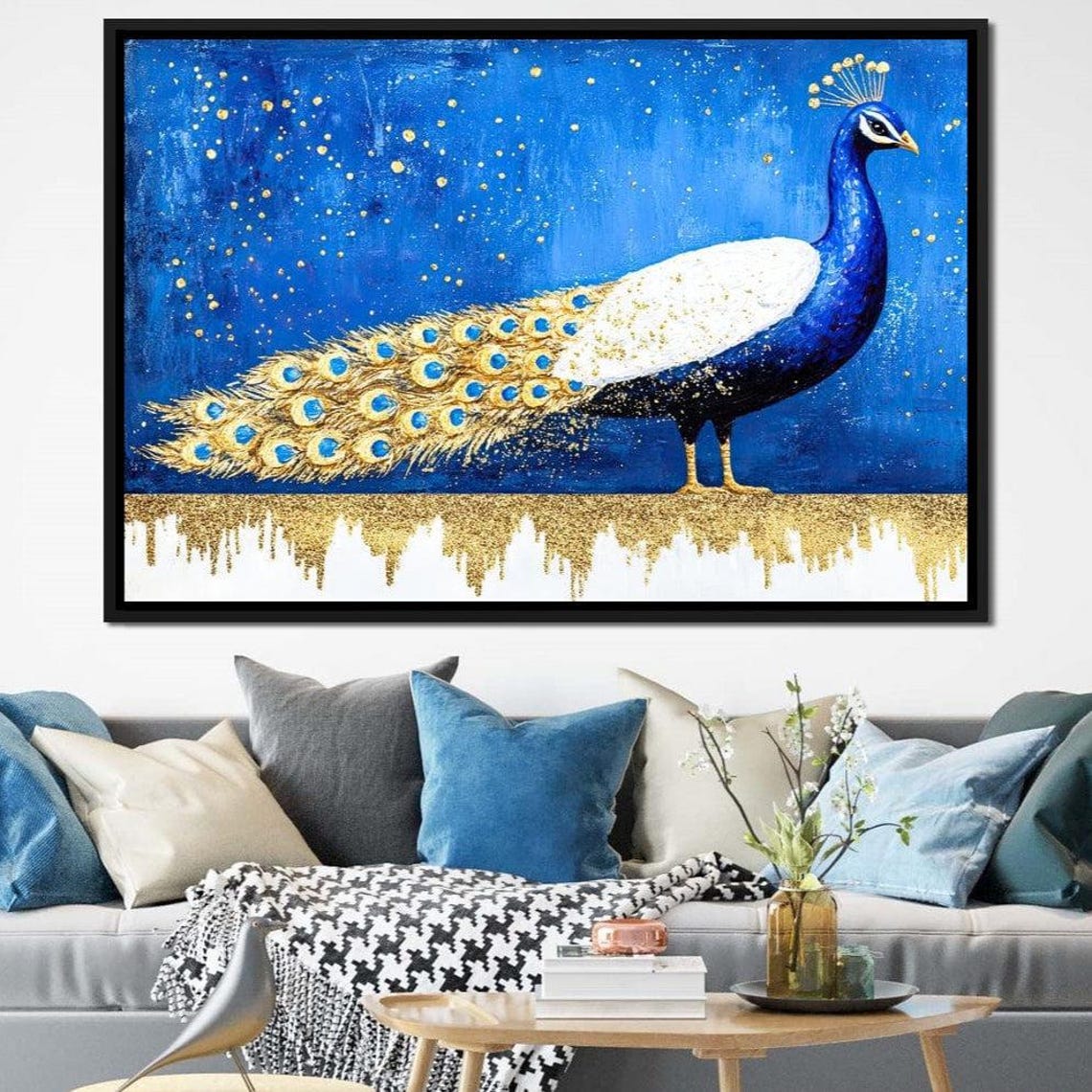 Royal Blue Peacock with Golden Celestial Tail Feather Poster