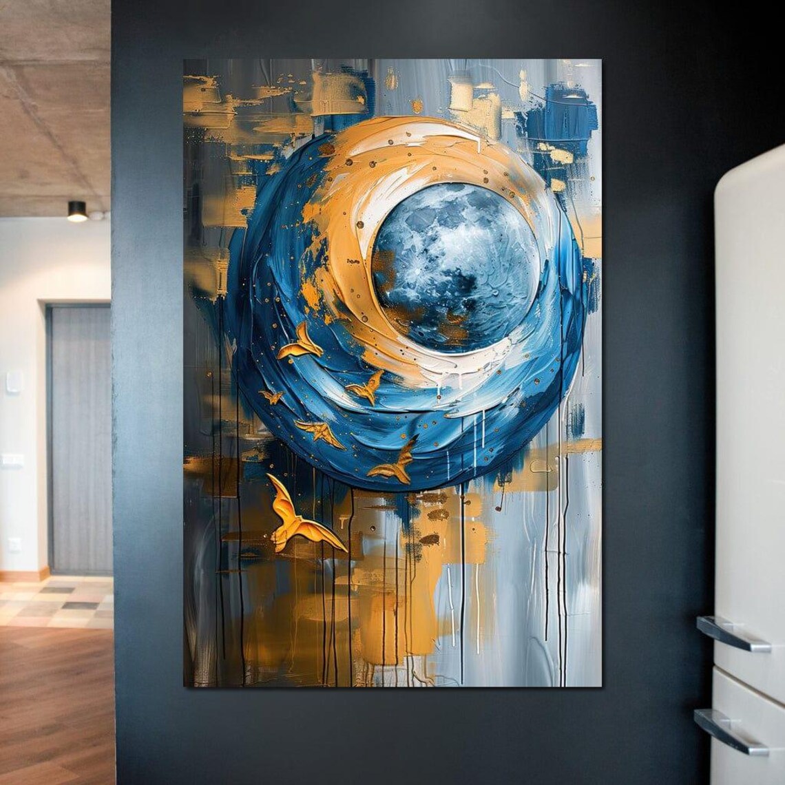 Celestial Blue Gold Moon Abstract Art Cosmic Vortex Golden Birds Poster - Image 3