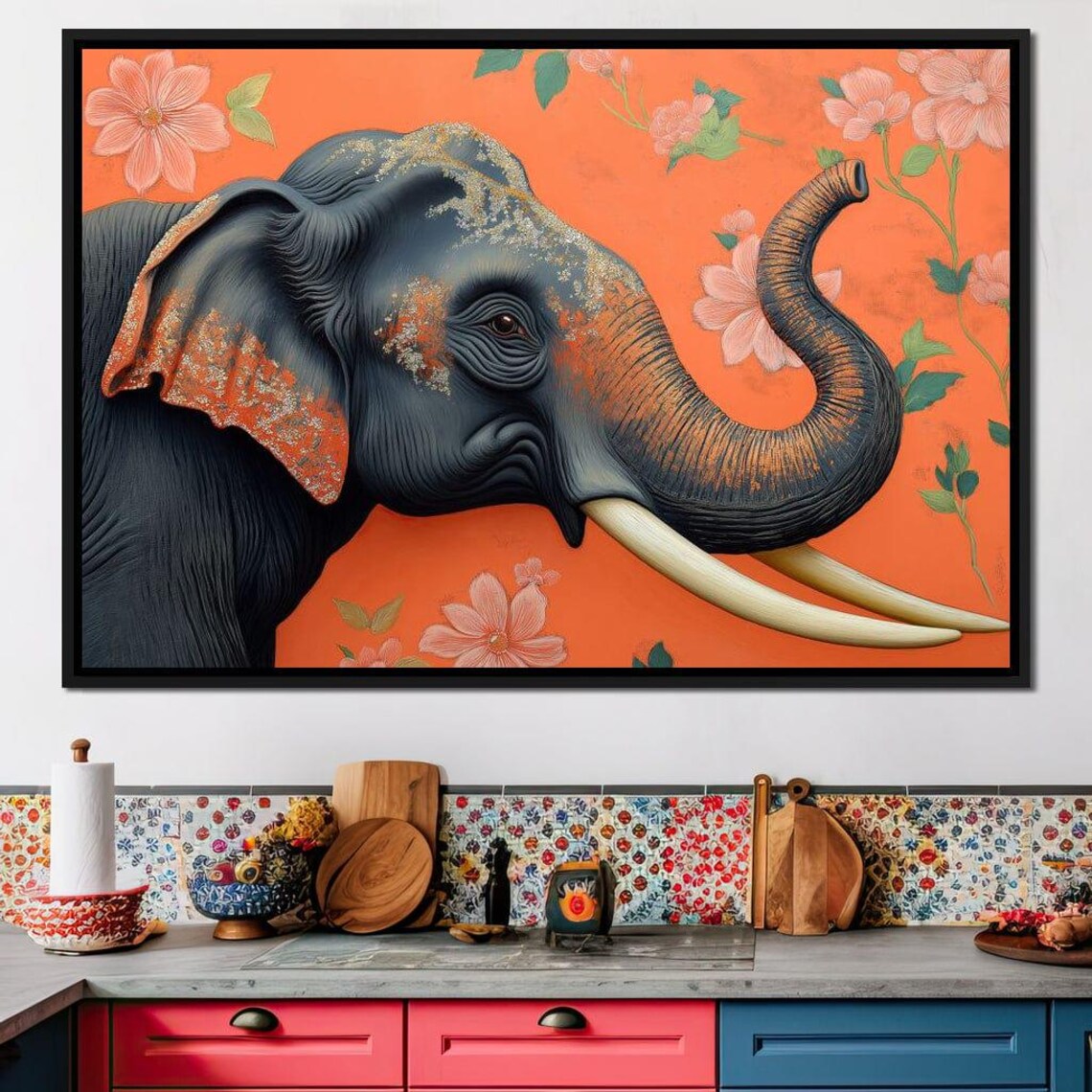 Black Elephant Orange Floral Background Gold Accents Bold Animal Poster