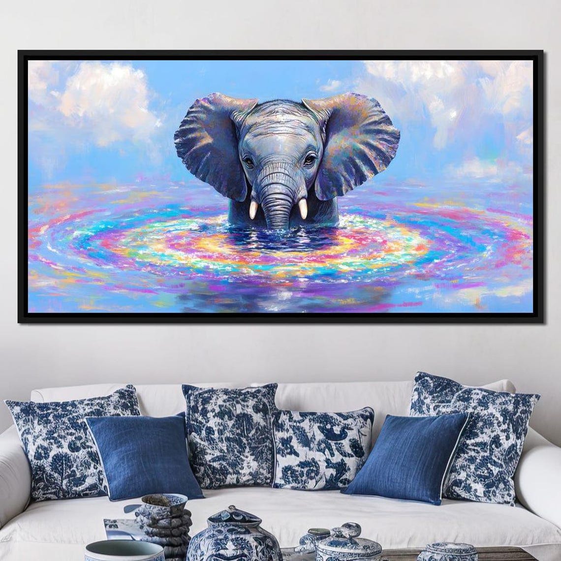 Baby Elephant Rising from Rainbow Water Five Panel Canvas Poster - Image 4