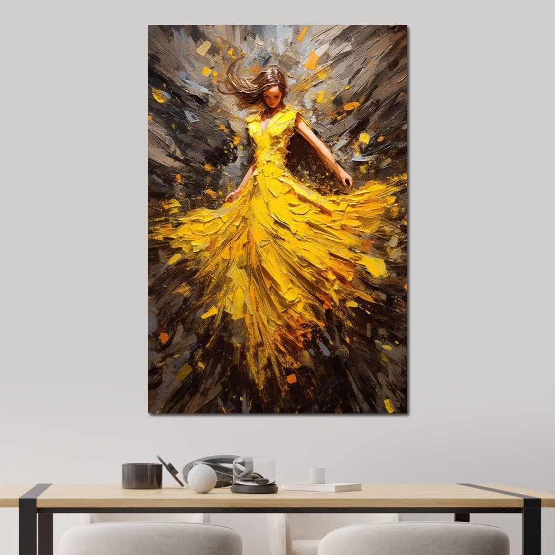 Dancing Woman Flowing Yellow Dress Expressive Painting Modern Fine Art Poster - Image 3