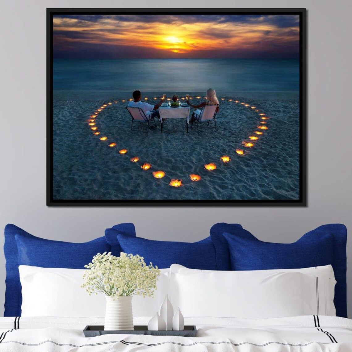 Romantic Beach Dinner At Sunset Couple In Heart Of Candles Art Poster