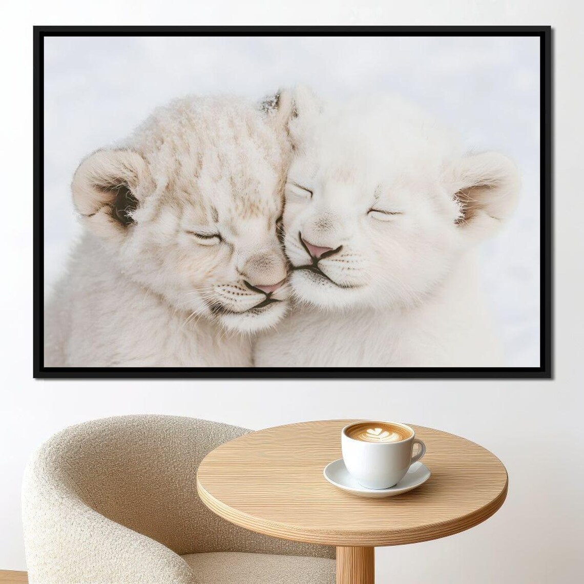Two White Lion Cubs Cuddling Soft Nursery Wildlife Baby Animals Wall Art Print - Image 3