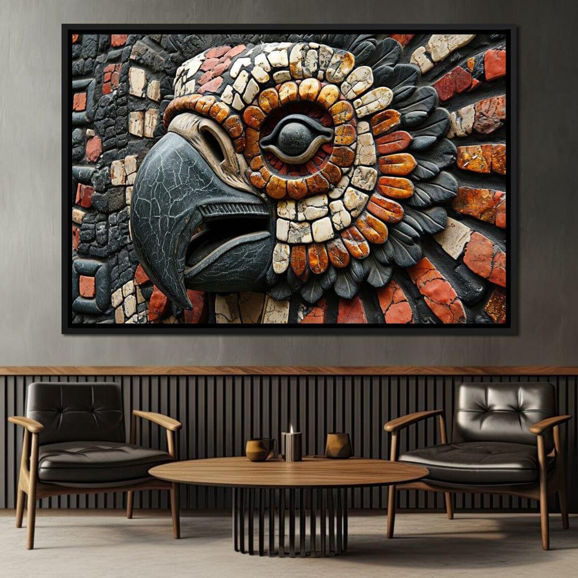 Aztec Mosaic Eagle Head Tribal Stone Carving Cultural Art Poster