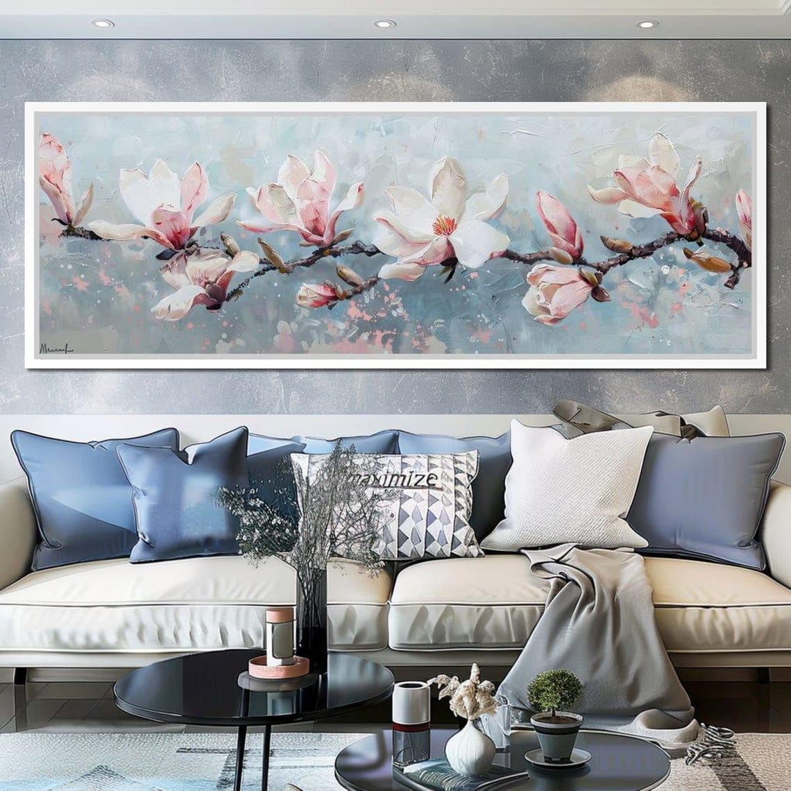 Magnolia Branch Blossoms Pale Blue Panoramic Floral Wall Art Poster - Image 3
