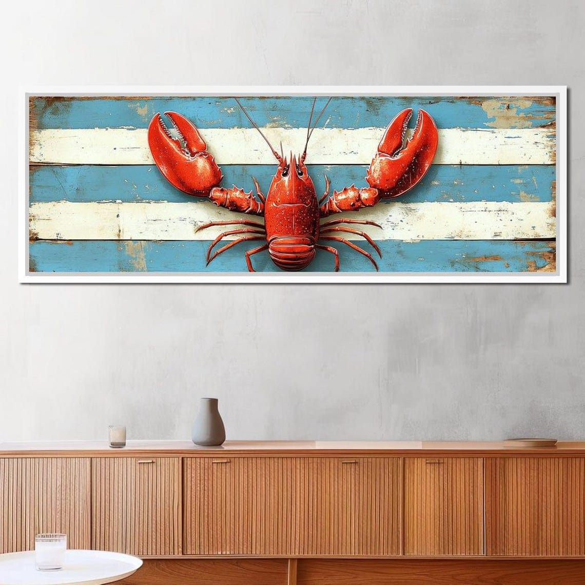 Red Lobster Blue White Striped Coastal Nautical Kitchen Wall Art - Image 2