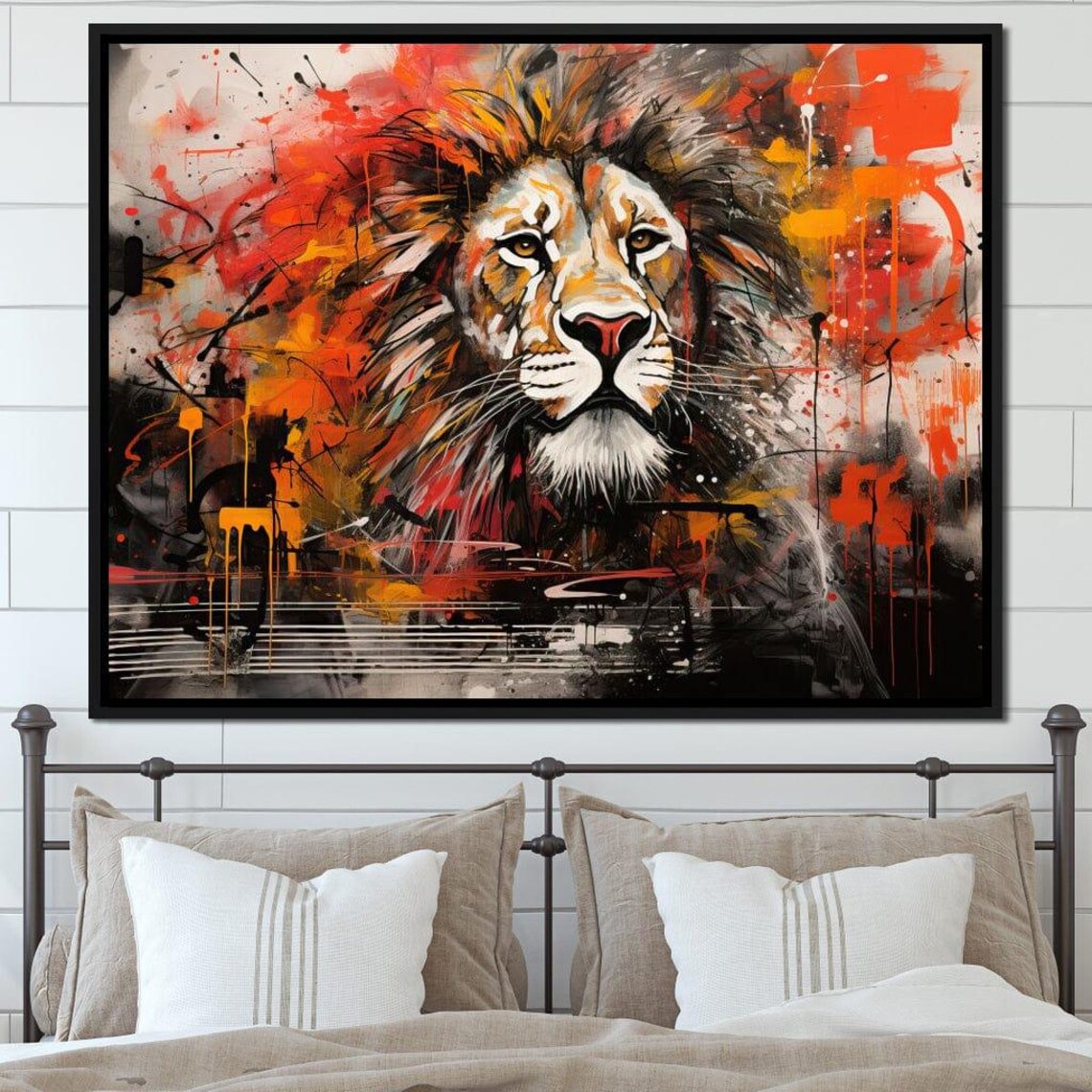 Majestic Lion Head Graffiti Paint Splash Orange Red Safari Art Print - Image 3