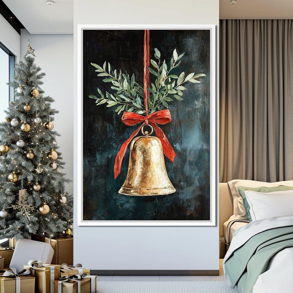 Golden Christmas Bell Hanging Red Ribbon Holly Holiday Poster