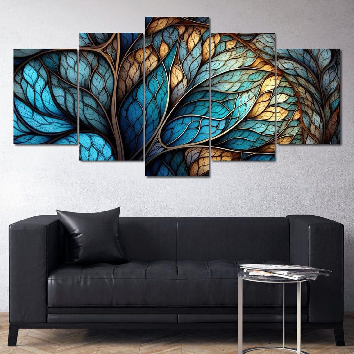 Mosaic Stained Glass Leaves Turquoise Beige Five Panel Wall Art Poster