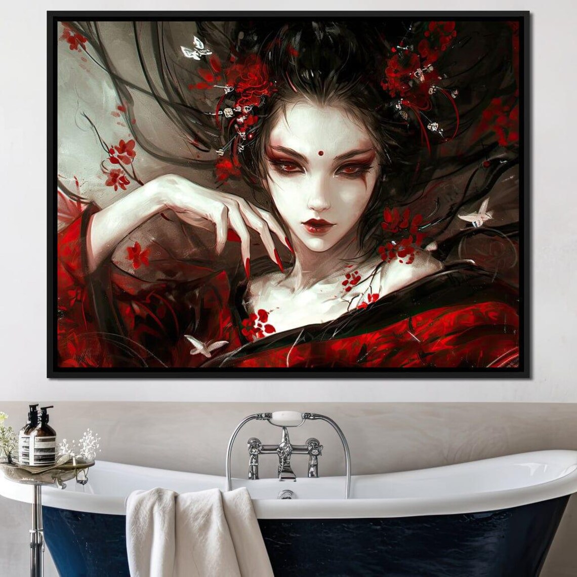 Mystical Geisha Red Kimono Blossom Hair Japanese Elegance Wall Art - Image 4