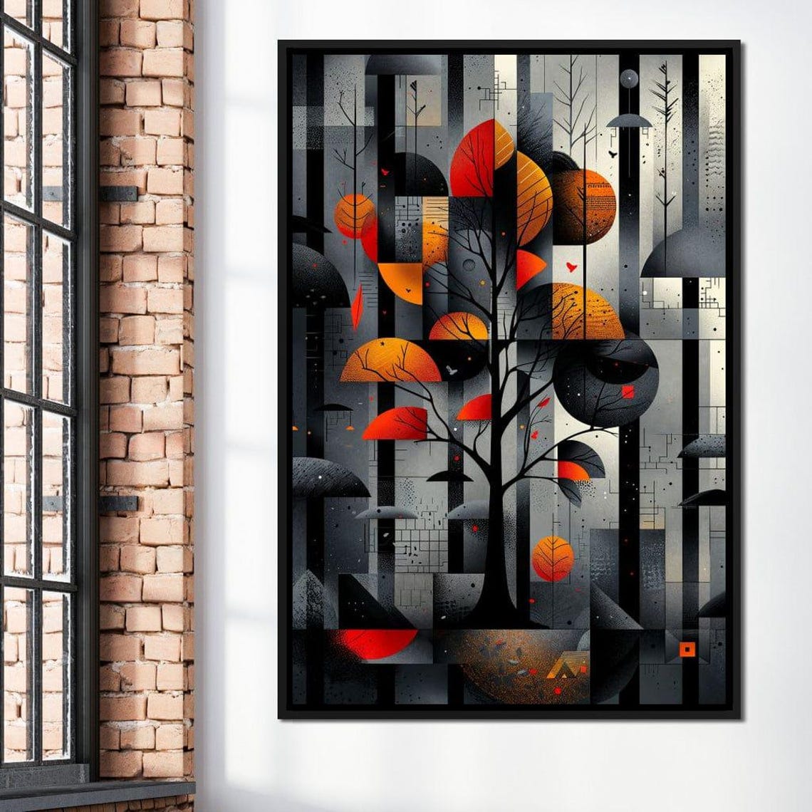 Geometric Dance Of Autumn Leaves Red Gold Tree Modern Poster