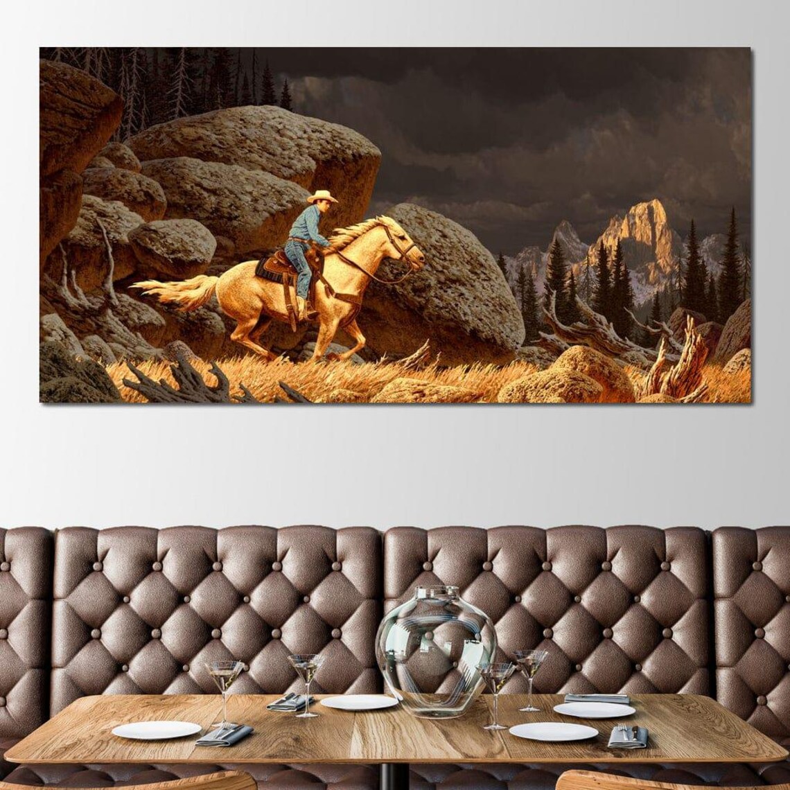 Cowboy Riding Palomino Horse Rocky Canyon Western Sunset Wall Poster - Image 3