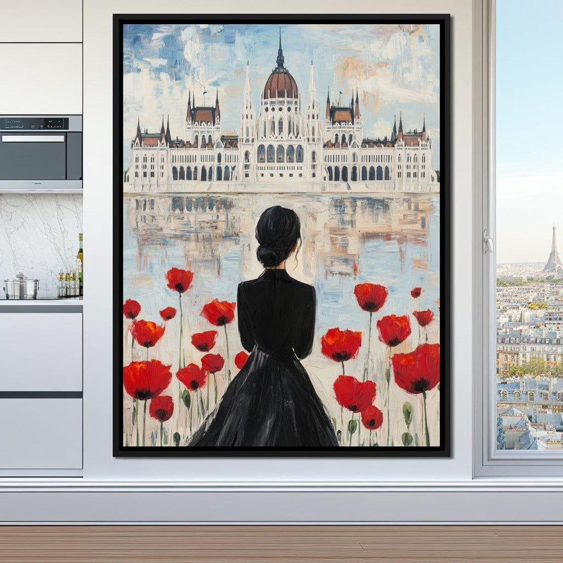 Budapest Parliament Building Reflection With Red Poppies Travel Poster