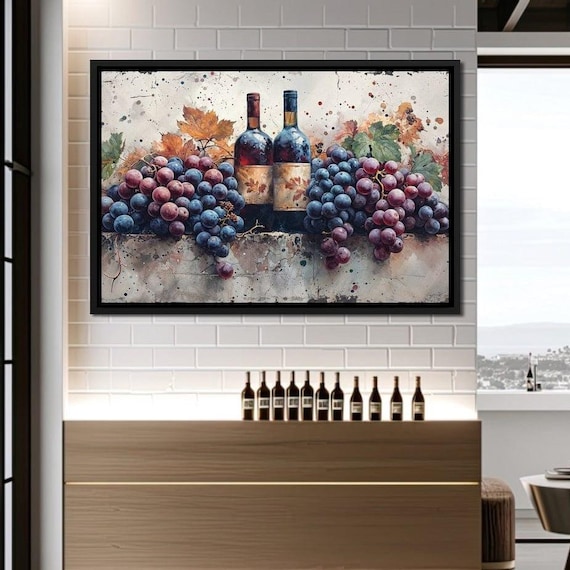 Wine Bottles Grape Clusters Watercolor Rustic Kitchen Wine Art Print