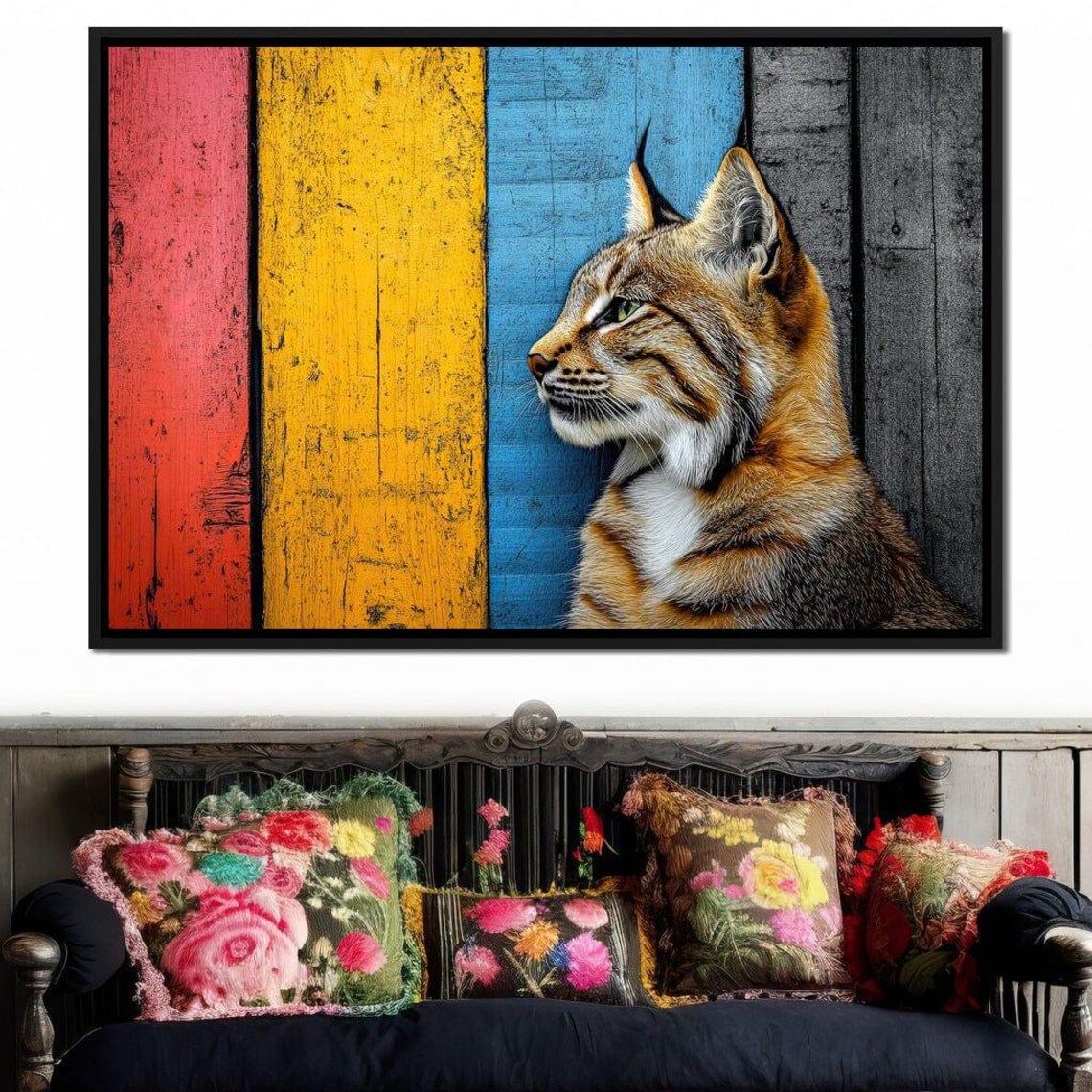 Wild Lynx Portrait Against Colorful Striped Wood Panels Poster - Image 2